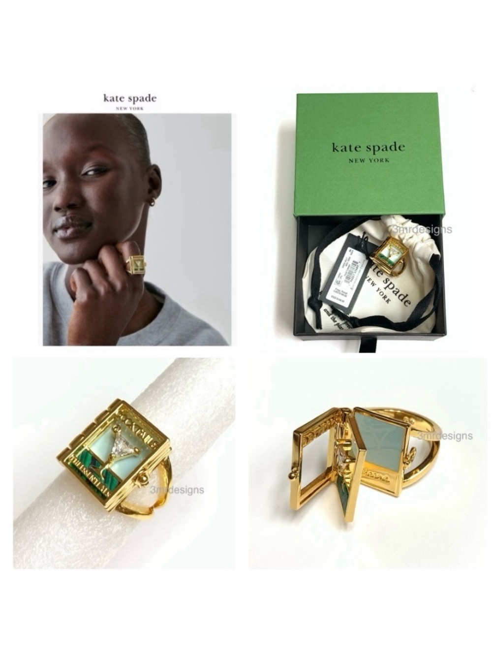 NWT Kate Spade ♠️ PAGE TURNER BOOK 12-K Gold Plated Glass Stone Cocktail Ring